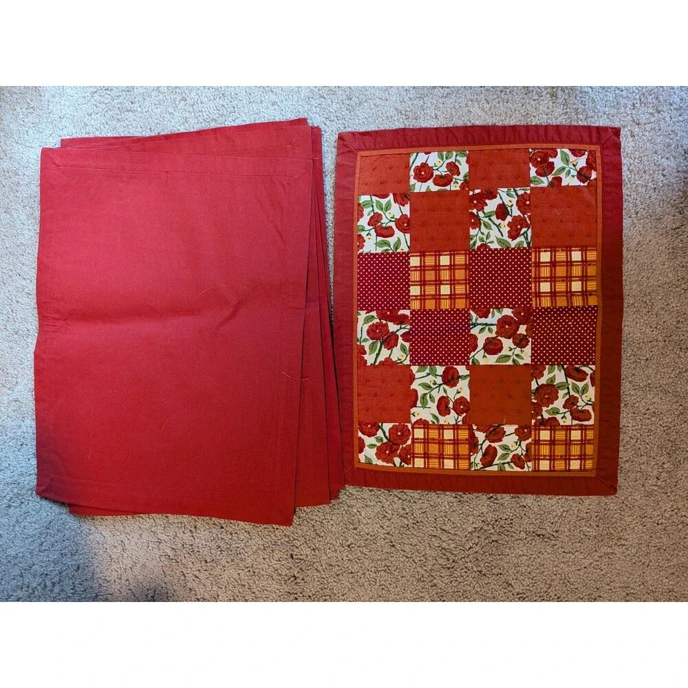 Red Patchwork Quilted Placemats Floral Polka Dot Plaid Set Of 8 14